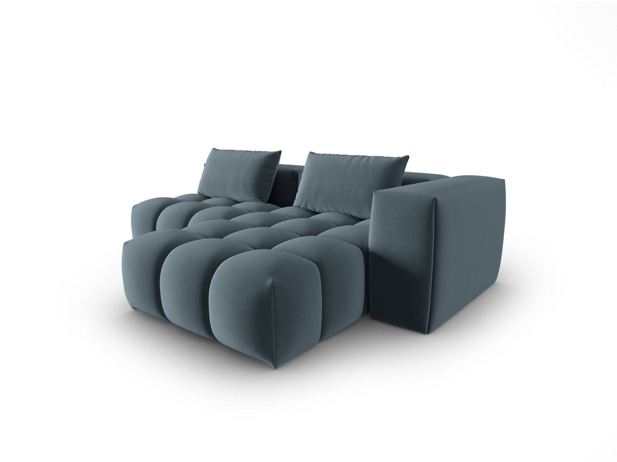 Modulares Ecksofa rechts in Sand-Casino Samt mit Massivholzrahmen, schwarzen Kunststoffbeinen und drei Sitzplätzen, seitliche Ansicht.