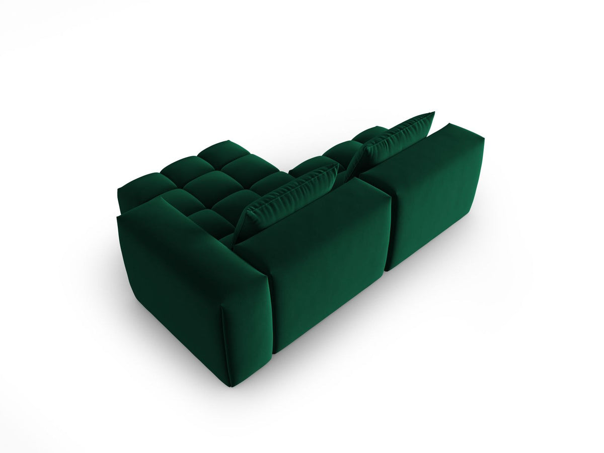 Modulares Ecksofa rechts in Sand-Casino Samt mit Massivholzrahmen, schwarzen Kunststoffbeinen und drei Sitzplätzen, seitliche Ansicht.