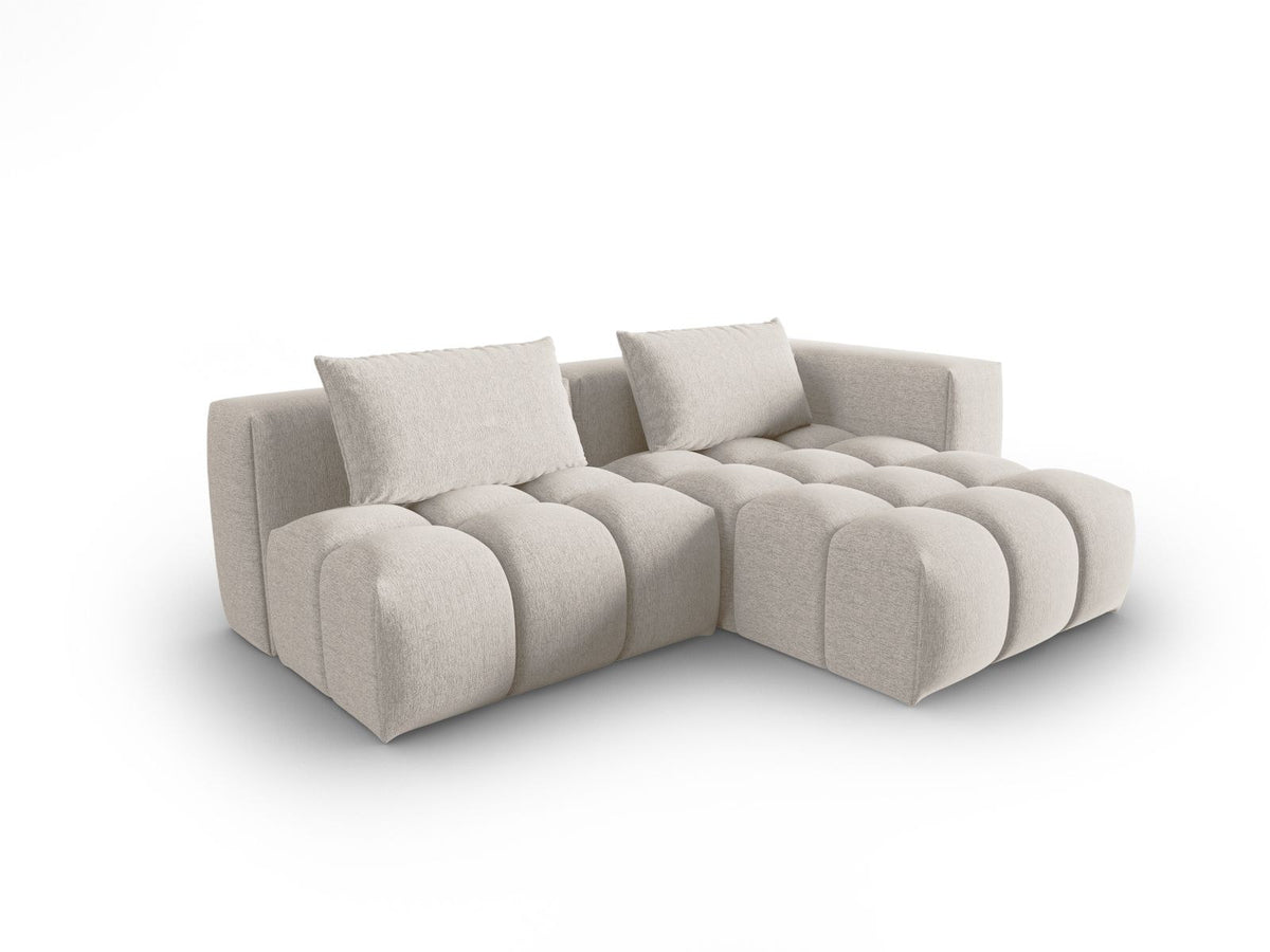 Modulares Ecksofa Verona rechts mit 3 Sitzplätzen, bezogen mit beigem Sorella-Strukturstoff, schwarze Kunststoffbeine, Massivholzrahmen sichtbar