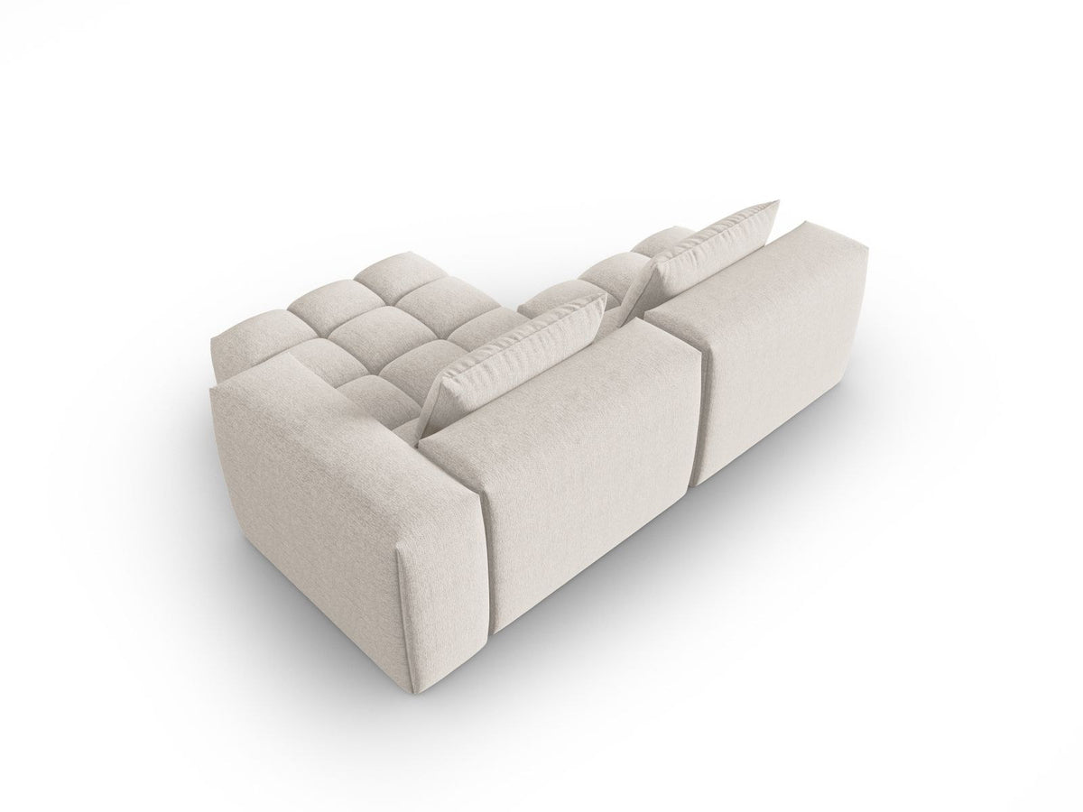 Modulares Ecksofa Verona rechts mit 3 Sitzplätzen, bezogen mit beigem Sorella-Strukturstoff, schwarze Kunststoffbeine, Massivholzrahmen sichtbar