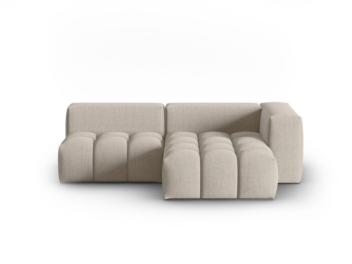 Modulares Ecksofa Verona rechts mit 3 Sitzplätzen, bezogen mit beigem Sorella-Strukturstoff, schwarze Kunststoffbeine, Massivholzrahmen sichtbar