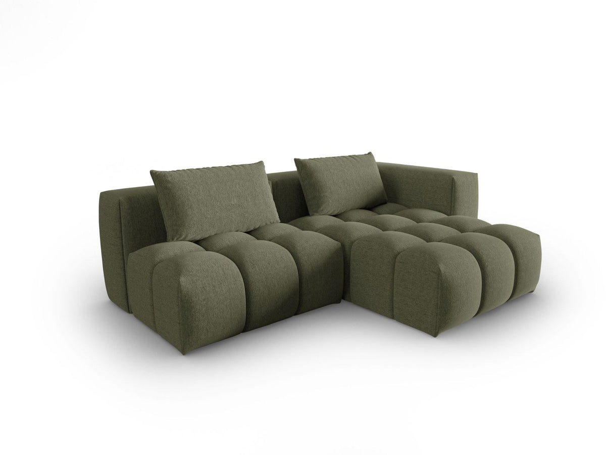 Modulares Ecksofa Verona rechts mit 3 Sitzplätzen, bezogen mit beigem Sorella-Strukturstoff, schwarze Kunststoffbeine, Massivholzrahmen sichtbar