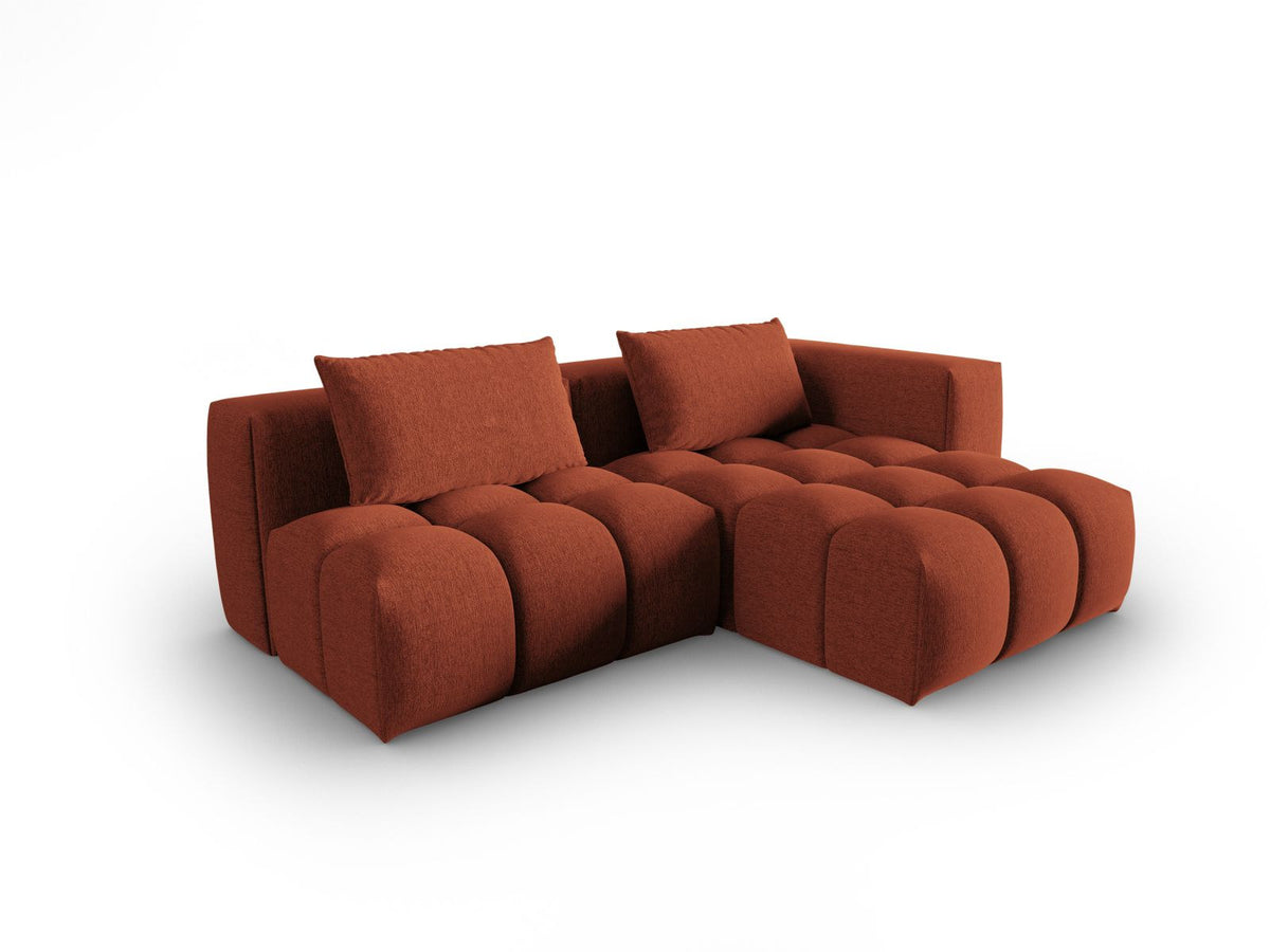 Modulares Ecksofa Verona rechts mit 3 Sitzplätzen, bezogen mit beigem Sorella-Strukturstoff, schwarze Kunststoffbeine, Massivholzrahmen sichtbar