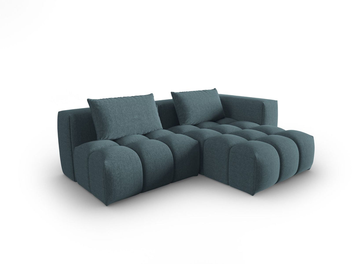 Modulares Ecksofa Verona rechts mit 3 Sitzplätzen, bezogen mit beigem Sorella-Strukturstoff, schwarze Kunststoffbeine, Massivholzrahmen sichtbar