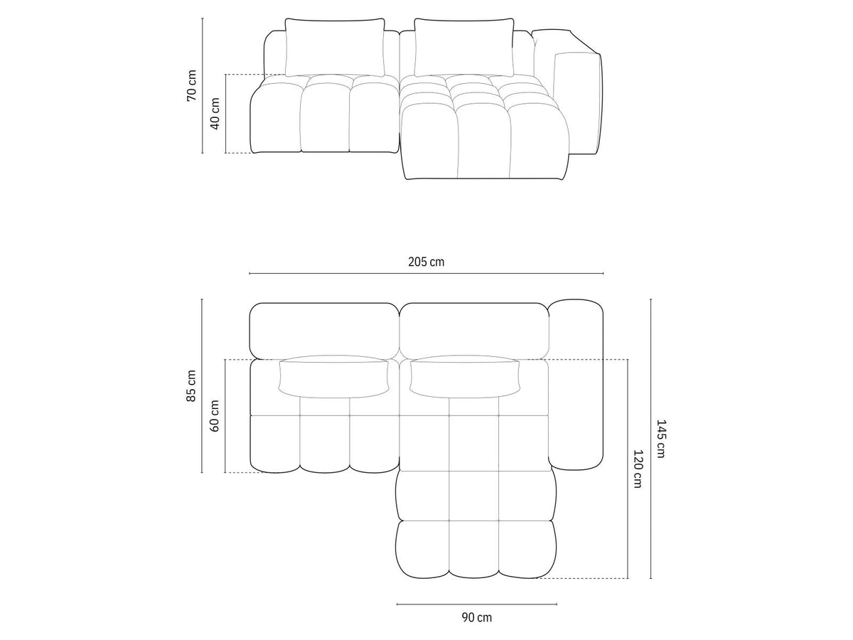 Modulares Ecksofa Verona rechts mit 3 Sitzplätzen, bezogen mit beigem Sorella-Strukturstoff, schwarze Kunststoffbeine, Massivholzrahmen sichtbar