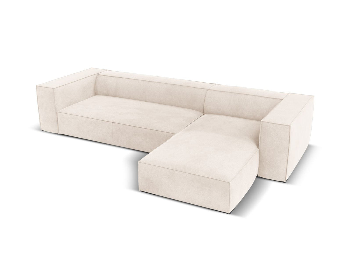 Turin Ecksofa rechts mit Chenille-Bezug in Light Beige-Rosario, Massivholzrahmen aus Kiefer und Beinen aus schwarzem Buchenholz, Récamiere-Form.