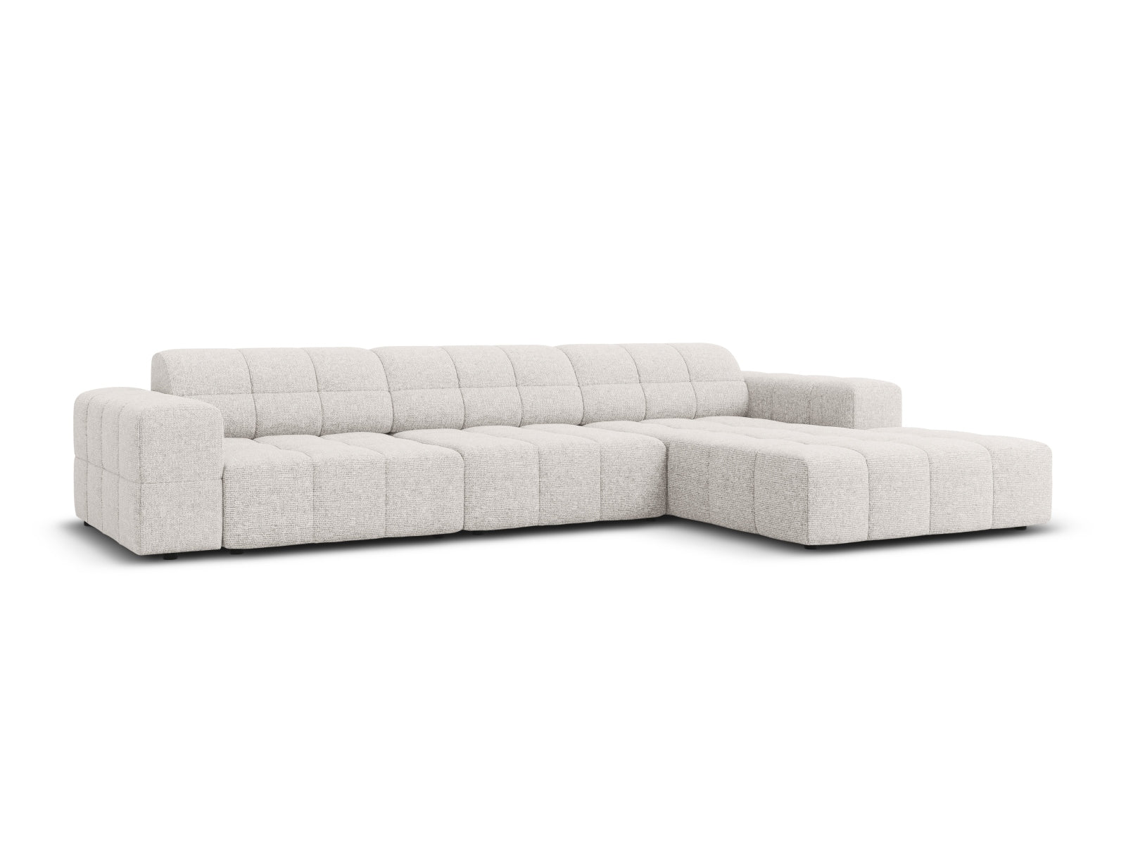 Stylisches Chicago Ecksofa rechts, 4-Sitzer in hellem Grau, ideal für moderne Wohnräume, erhältlich bei KAQTU Design AG.
