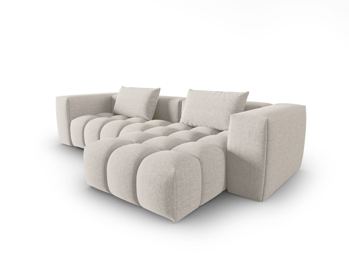 Modulares Ecksofa Verona rechts mit 3 Sitzplätzen, bezogen mit beigem Sorella-Strukturstoff, schwarze Kunststoffbeine, Massivholzrahmen sichtbar