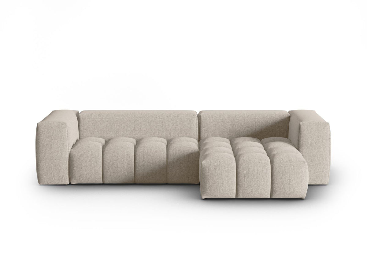 Modulares Ecksofa Verona rechts mit 3 Sitzplätzen, bezogen mit beigem Sorella-Strukturstoff, schwarze Kunststoffbeine, Massivholzrahmen sichtbar
