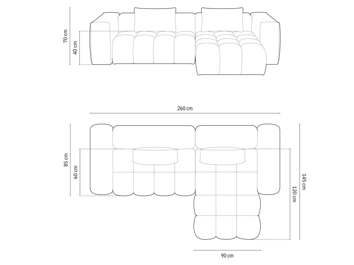 Modulares Ecksofa Verona rechts mit 3 Sitzplätzen, bezogen mit beigem Sorella-Strukturstoff, schwarze Kunststoffbeine, Massivholzrahmen sichtbar