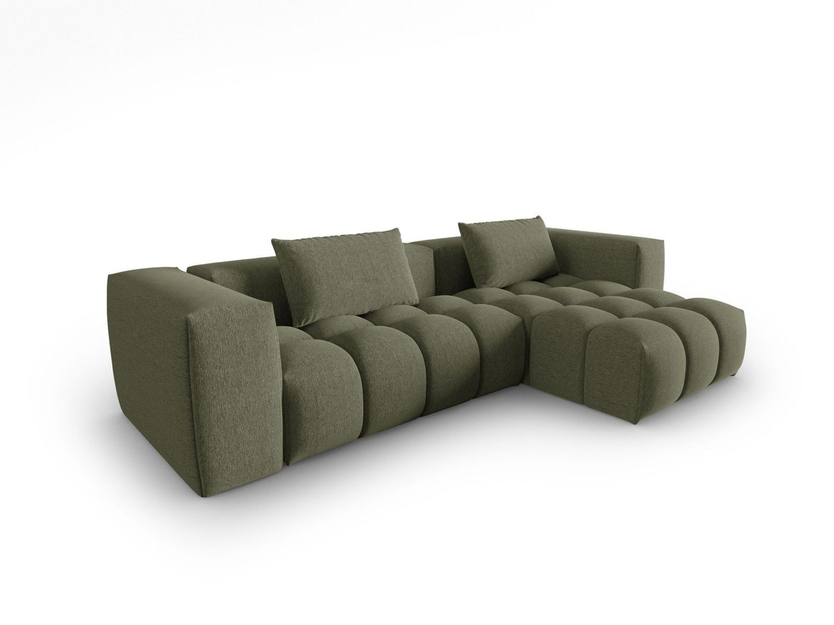 Modulares Ecksofa Verona rechts mit 3 Sitzplätzen, bezogen mit beigem Sorella-Strukturstoff, schwarze Kunststoffbeine, Massivholzrahmen sichtbar