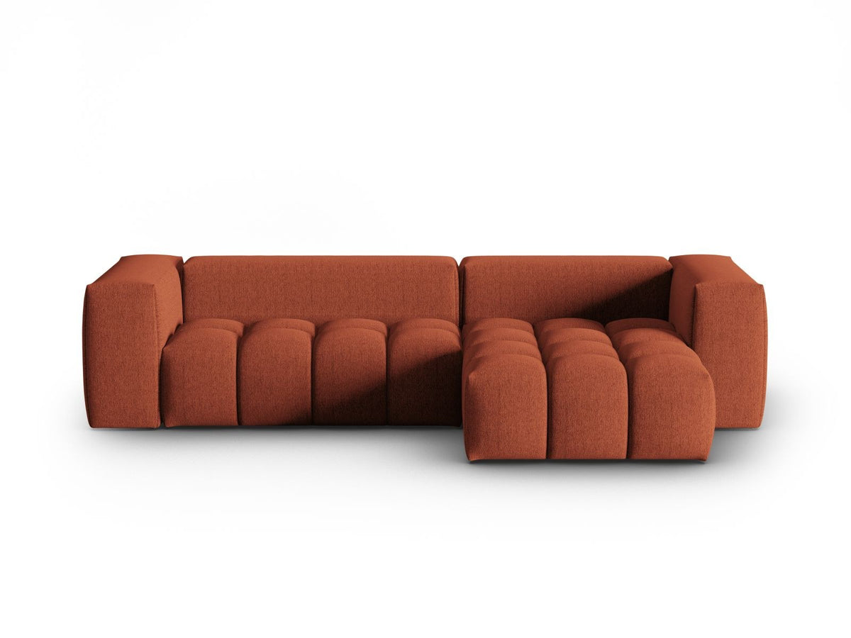 Modulares Ecksofa Verona rechts mit 3 Sitzplätzen, bezogen mit beigem Sorella-Strukturstoff, schwarze Kunststoffbeine, Massivholzrahmen sichtbar