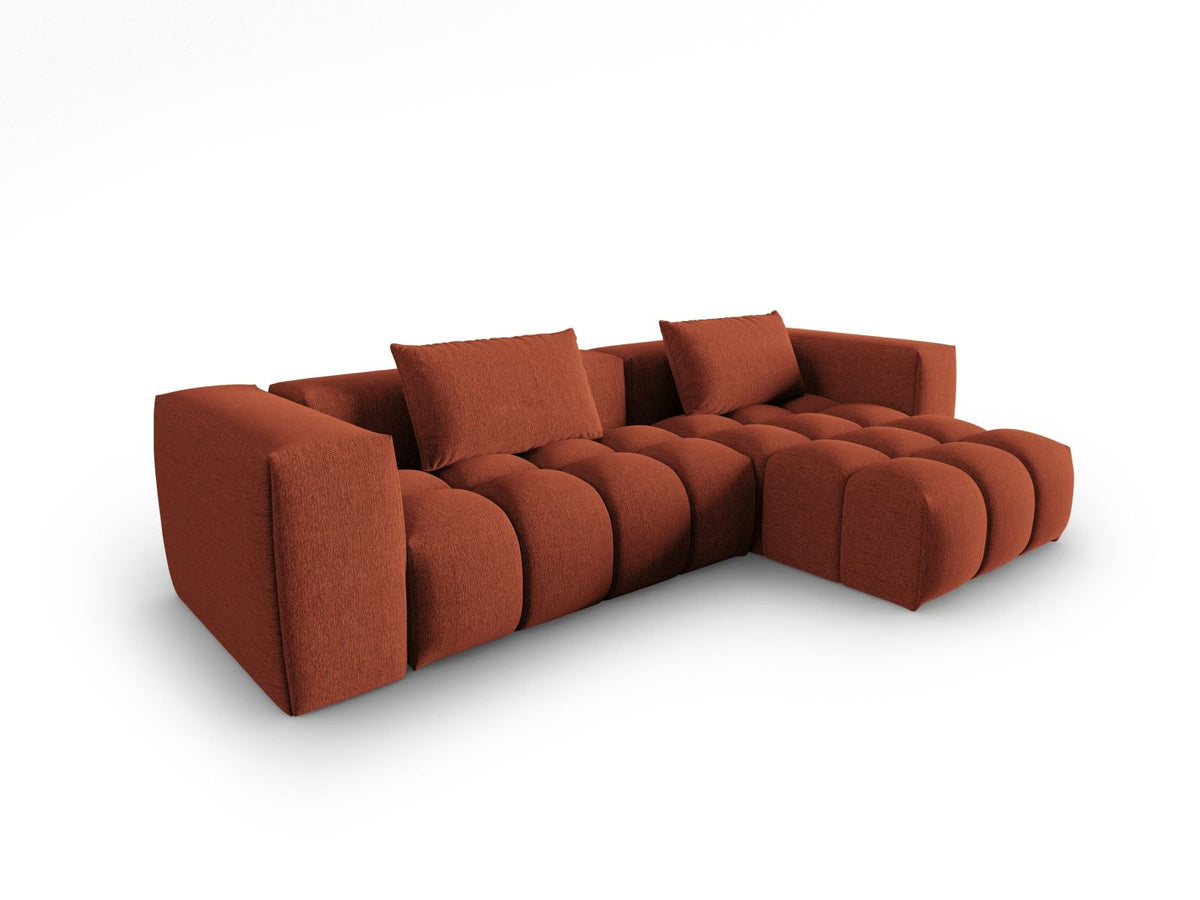 Modulares Ecksofa Verona rechts mit 3 Sitzplätzen, bezogen mit beigem Sorella-Strukturstoff, schwarze Kunststoffbeine, Massivholzrahmen sichtbar