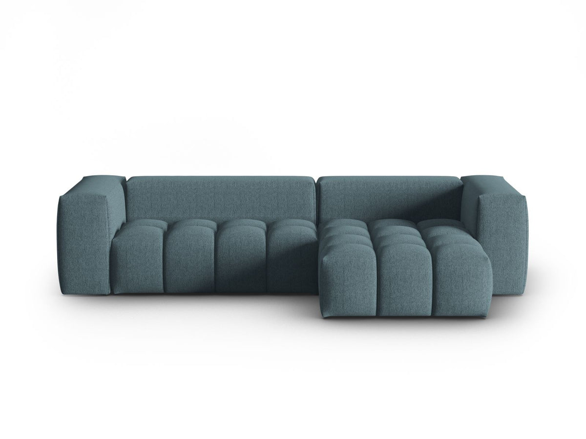 Modulares Ecksofa Verona rechts mit 3 Sitzplätzen, bezogen mit beigem Sorella-Strukturstoff, schwarze Kunststoffbeine, Massivholzrahmen sichtbar