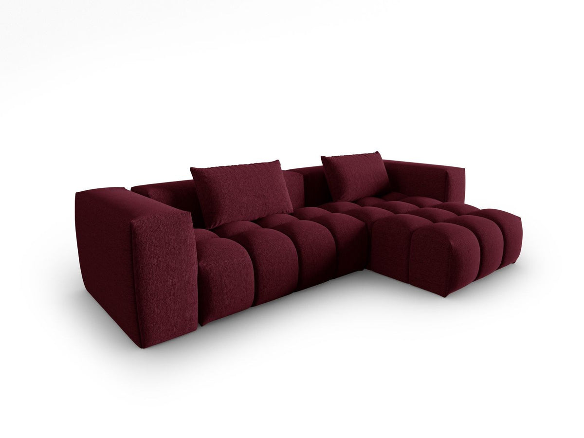 Modulares Ecksofa Verona rechts mit 3 Sitzplätzen, bezogen mit beigem Sorella-Strukturstoff, schwarze Kunststoffbeine, Massivholzrahmen sichtbar