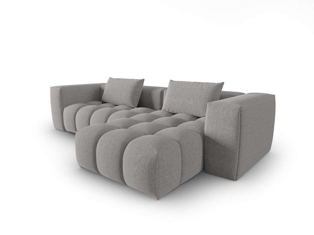 Modulares Ecksofa Verona rechts mit 3 Sitzplätzen, bezogen mit beigem Sorella-Strukturstoff, schwarze Kunststoffbeine, Massivholzrahmen sichtbar
