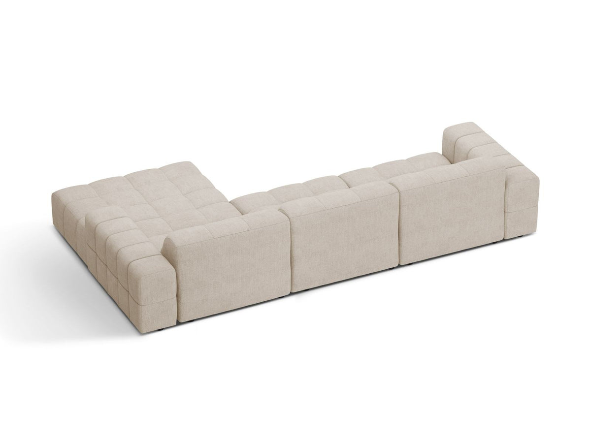 Cosmopolitan Design Chicago Ecksofa rechts, 4-Sitzer, Bezug Eden-Stoff in Light Beige, Massivholzrahmen, schwarze Kunststoffbeine, Récamiere rechts.