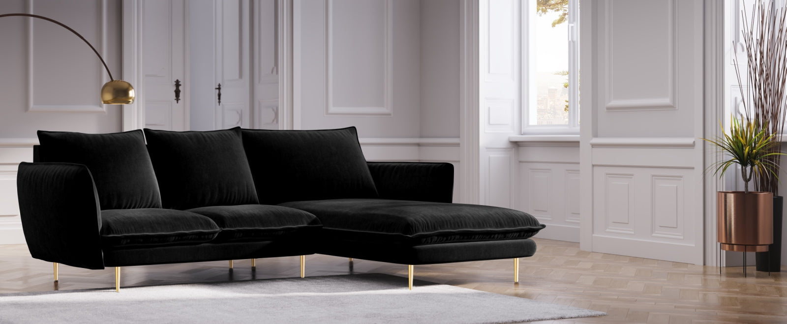 Elegantes Vienna Velour Ecksofa rechts 5 Sitzer 170cm von Cosmopolitan Design. Hochwertiges Velour, stilvolles Design und optimaler Komfort für Ihr Zuhause.