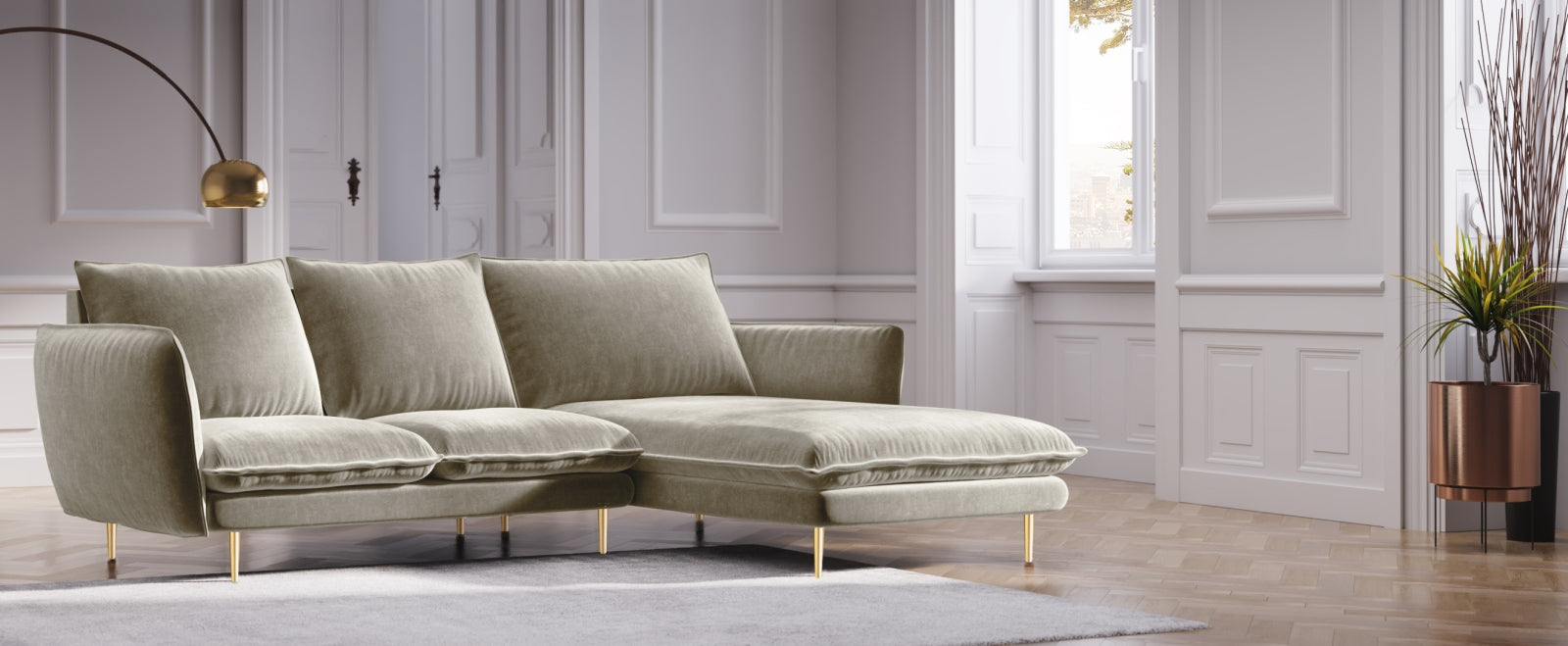 Elegantes Vienna Velour Ecksofa rechts 5 Sitzer 170cm von Cosmopolitan Design. Hochwertiges Velour, stilvolles Design und optimaler Komfort für Ihr Zuhause.