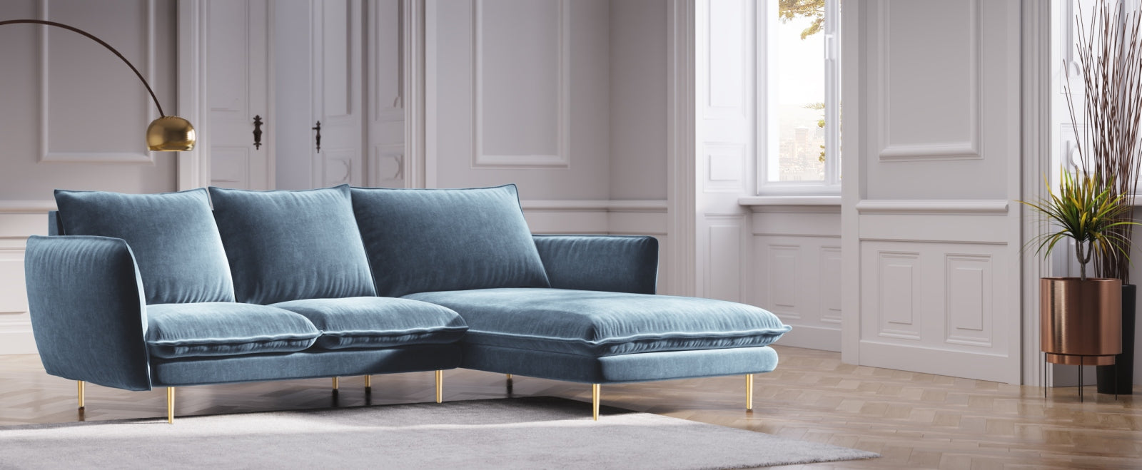 Elegantes Vienna Velour Ecksofa rechts 5 Sitzer 170cm von Cosmopolitan Design. Hochwertiges Velour, stilvolles Design und optimaler Komfort für Ihr Zuhause.