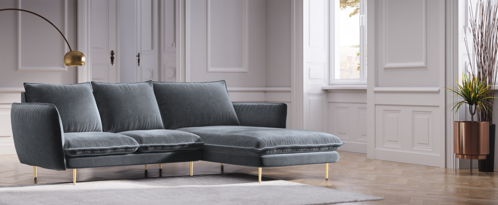 Elegantes Vienna Velour Ecksofa rechts 5 Sitzer 170cm von Cosmopolitan Design. Hochwertiges Velour, stilvolles Design und optimaler Komfort für Ihr Zuhause.