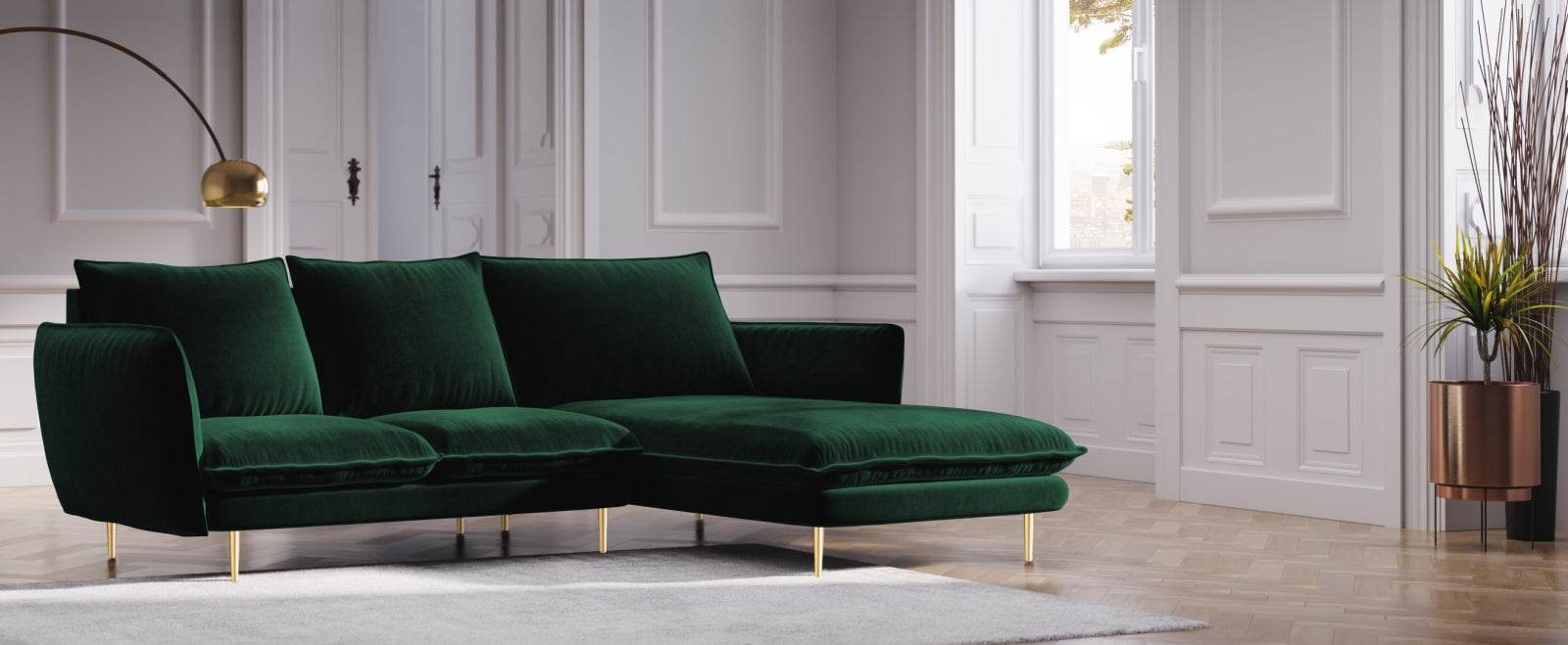 Elegantes Vienna Velour Ecksofa rechts 5 Sitzer 170cm von Cosmopolitan Design. Hochwertiges Velour, stilvolles Design und optimaler Komfort für Ihr Zuhause.