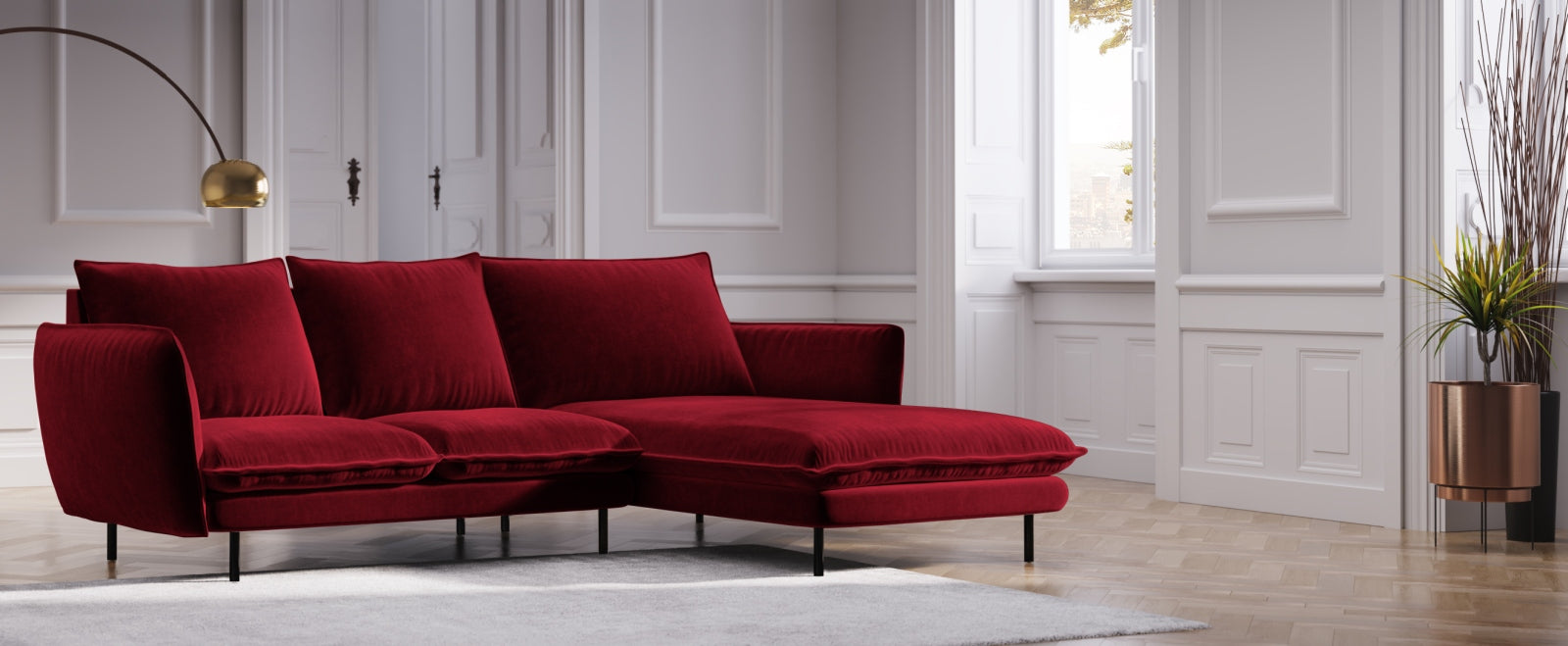 Elegantes Vienna Velour Ecksofa rechts 5 Sitzer 170cm von Cosmopolitan Design. Hochwertiges Material, stilvolles Design und optimaler Komfort für Ihr Zuhause.