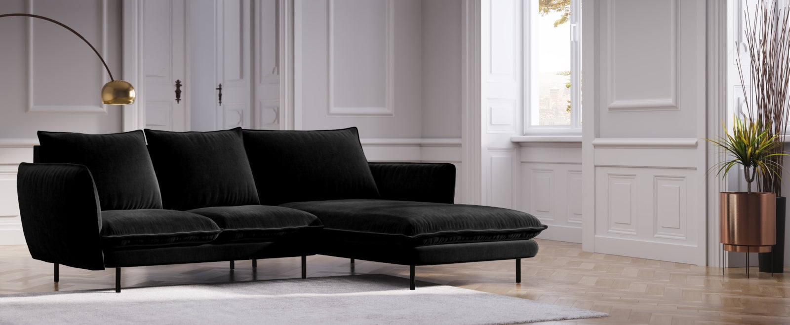 Elegantes Vienna Velour Ecksofa rechts 5 Sitzer 170cm von Cosmopolitan Design. Hochwertiges Velour, stilvolles Design und optimaler Komfort für Ihr Wohnzimmer.