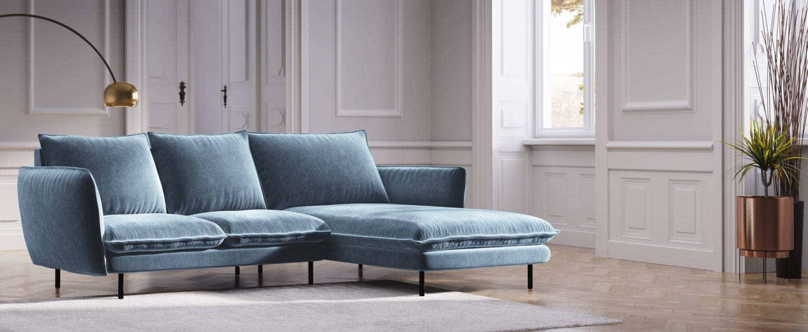 Elegantes Vienna Velour Ecksofa rechts 5 Sitzer 170cm von Cosmopolitan Design. Hochwertiges Velour, stilvolles Design und optimaler Komfort für Ihr Zuhause.