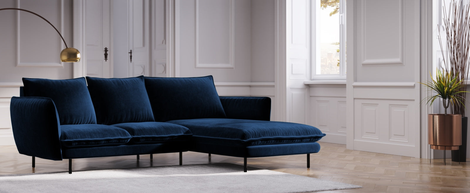 Elegantes Vienna Velour Ecksofa rechts 5 Sitzer 170cm von Cosmopolitan Design. Hochwertiges Velour, stilvolles Design und optimaler Komfort für Ihr Zuhause.