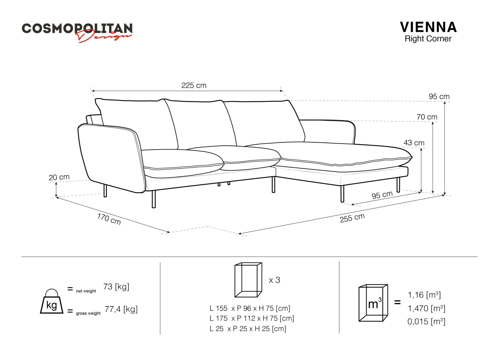 Stilvolles Vienna Velour Ecksofa rechts 5 Sitzer 170cm von Cosmopolitan Design. Luxuriöses Velour, großzügige Sitzfläche und vielseitige Farboptionen für Ihr Wohnzimmer.