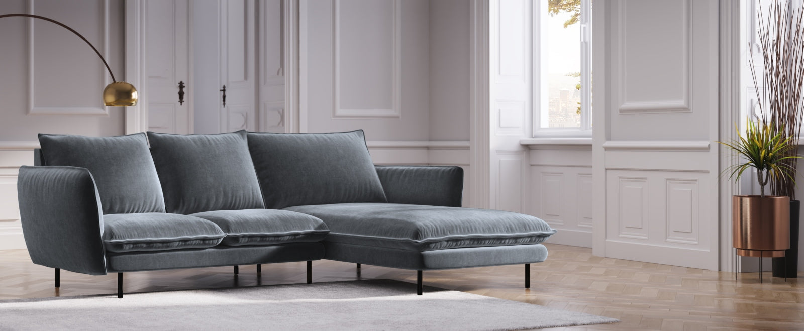 Elegantes Vienna Velour Ecksofa rechts 5 Sitzer 170cm von Cosmopolitan Design. Hochwertiges Velour, stilvolles Design und optimaler Komfort für Ihr Zuhause.