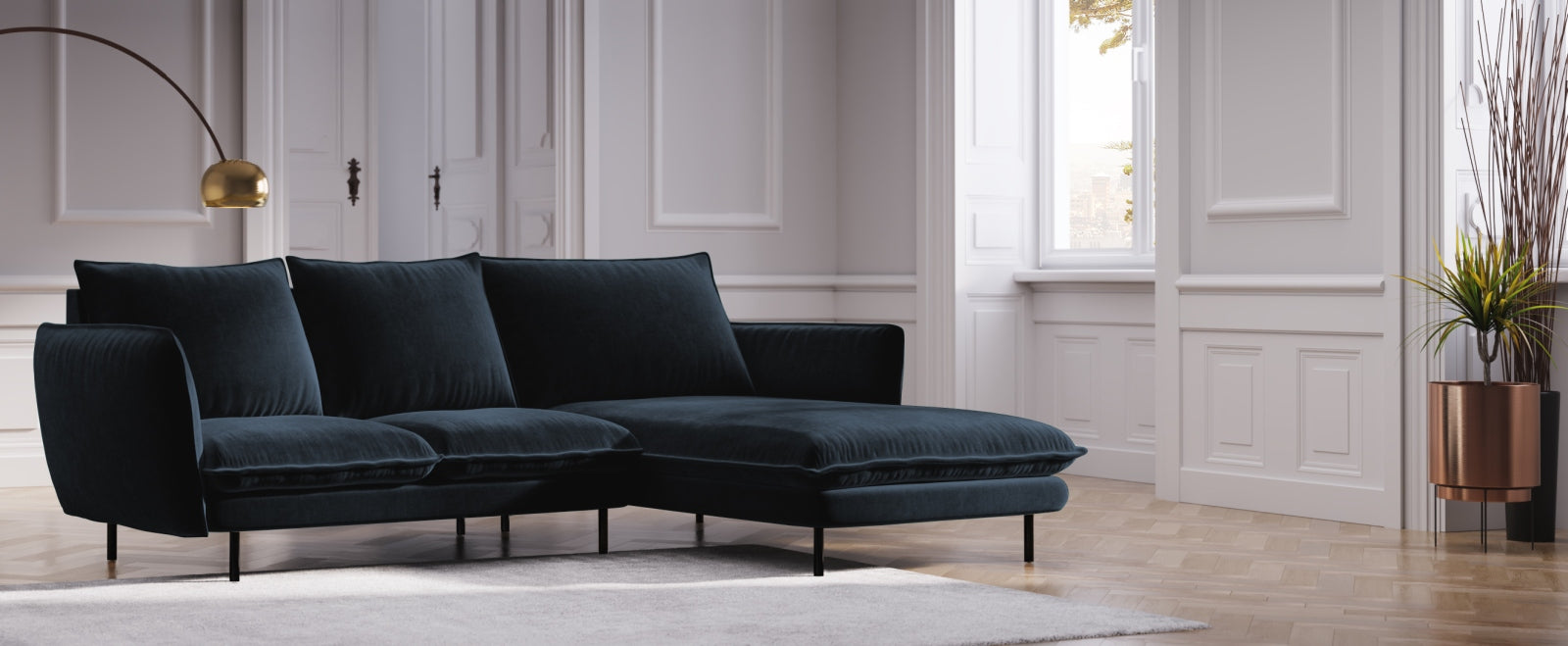 Elegantes Vienna Velour Ecksofa rechts 5 Sitzer 170cm von Cosmopolitan Design. Hochwertiges Velour, stilvolles Design und optimaler Komfort für Ihr Zuhause.