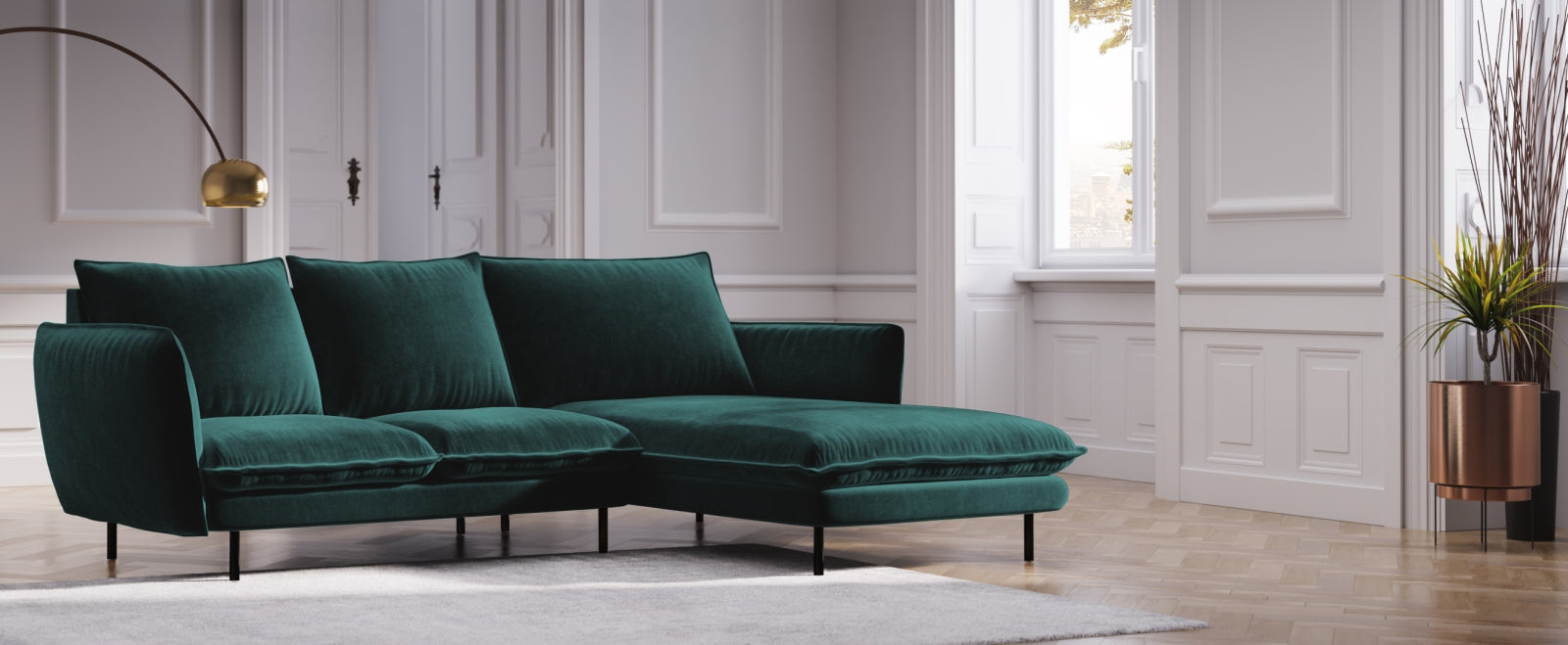 Elegantes Vienna Velour Ecksofa rechts 5 Sitzer 170cm von Cosmopolitan Design. Hochwertiges Velour, stilvolles Design und optimaler Komfort für Ihr Zuhause.