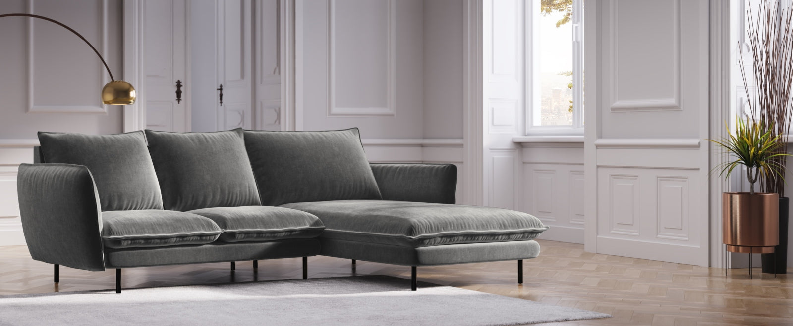 Elegantes Vienna Velour Ecksofa rechts 5 Sitzer 170cm von Cosmopolitan Design. Hochwertiges Velour, stilvolles Design und optimaler Komfort für Ihr Zuhause.