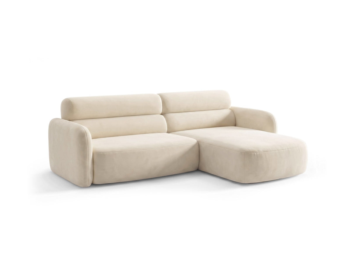Ecksofa rechts Malmo in Beige mit Bluvel-Bezug, Récamiere rechts und schwarzen Beinen