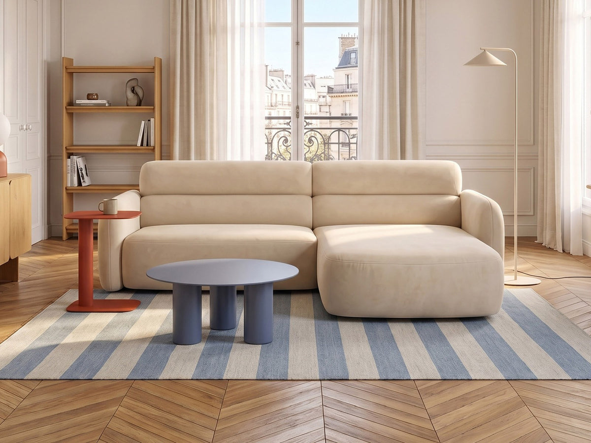 Ecksofa rechts Malmo in Beige mit Bluvel-Bezug, Récamiere rechts und schwarzen Beinen