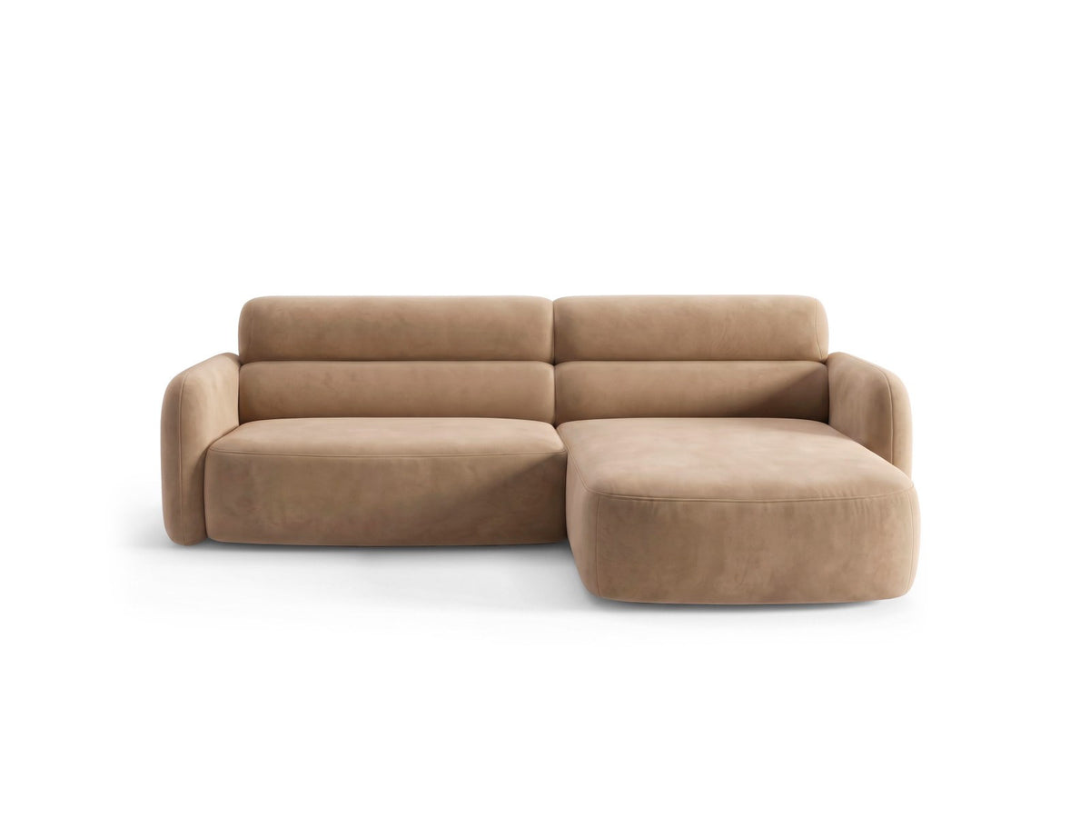 Ecksofa rechts Malmo in Beige mit Bluvel-Bezug, Récamiere rechts und schwarzen Beinen