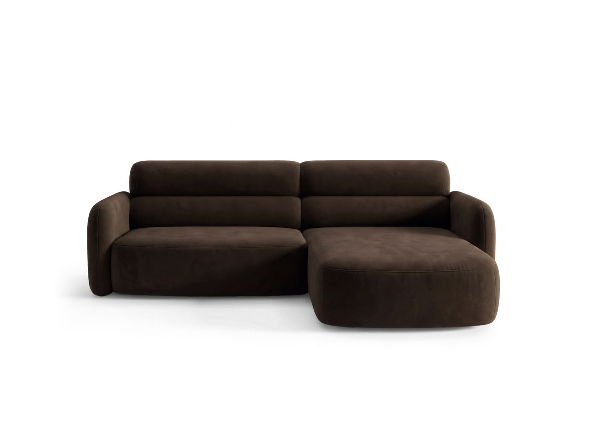 Ecksofa rechts Malmo in Beige mit Bluvel-Bezug, Récamiere rechts und schwarzen Beinen