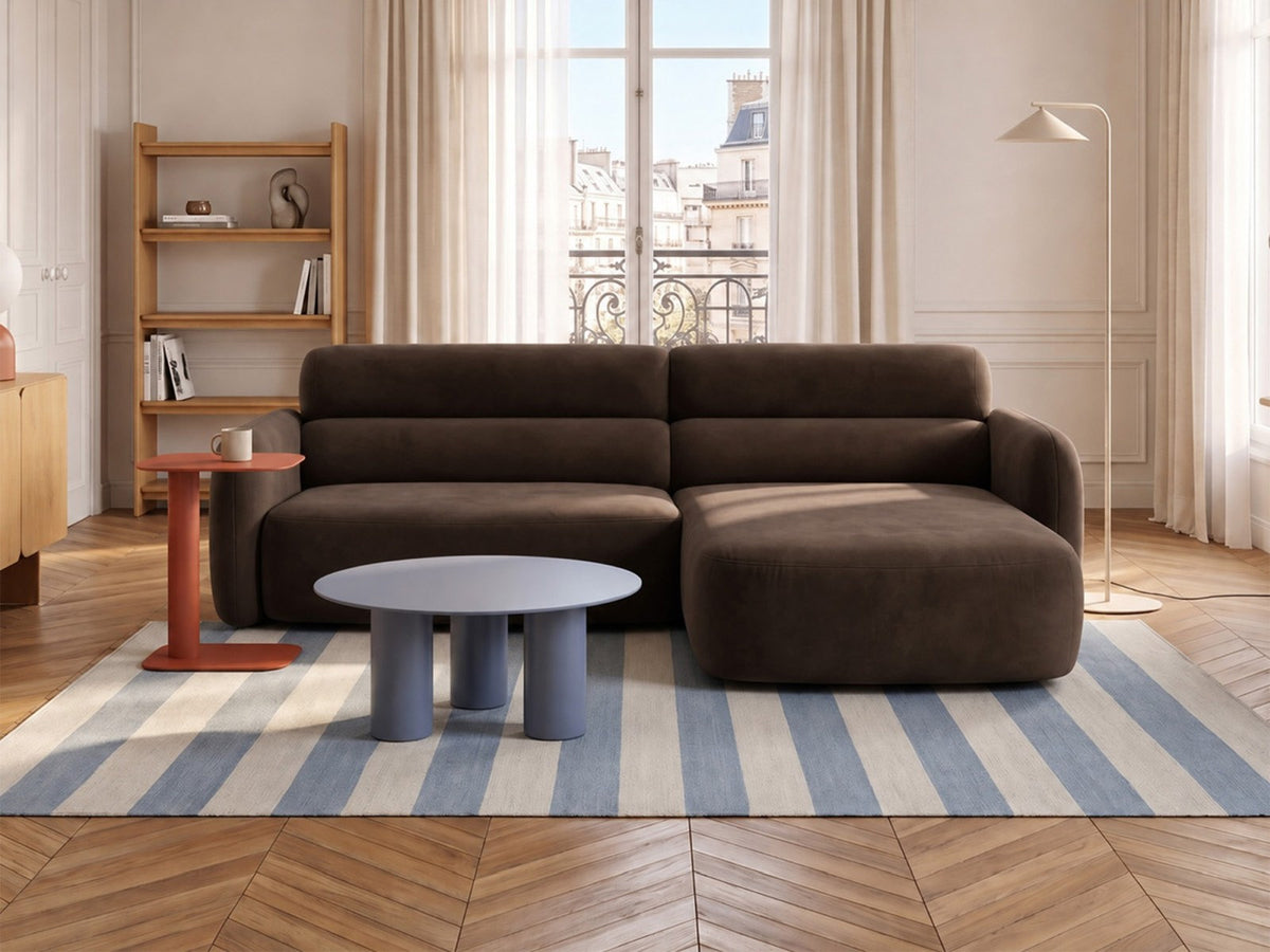Ecksofa rechts Malmo in Beige mit Bluvel-Bezug, Récamiere rechts und schwarzen Beinen