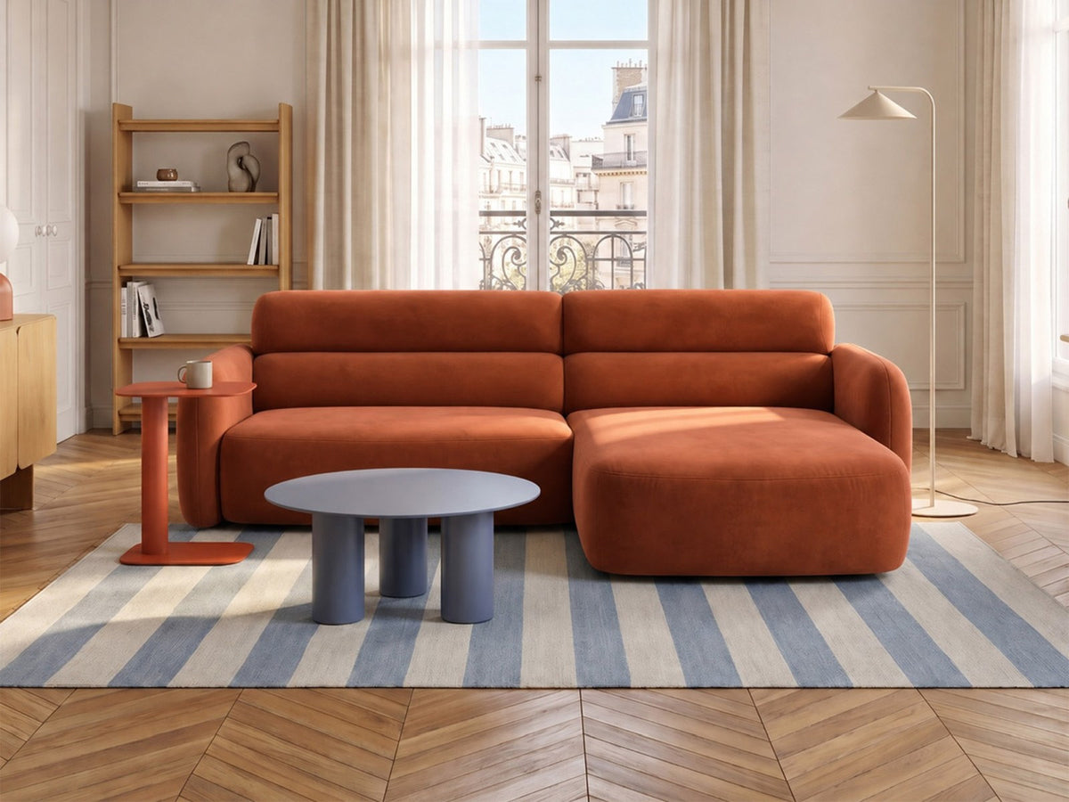 Ecksofa rechts Malmo in Beige mit Bluvel-Bezug, Récamiere rechts und schwarzen Beinen