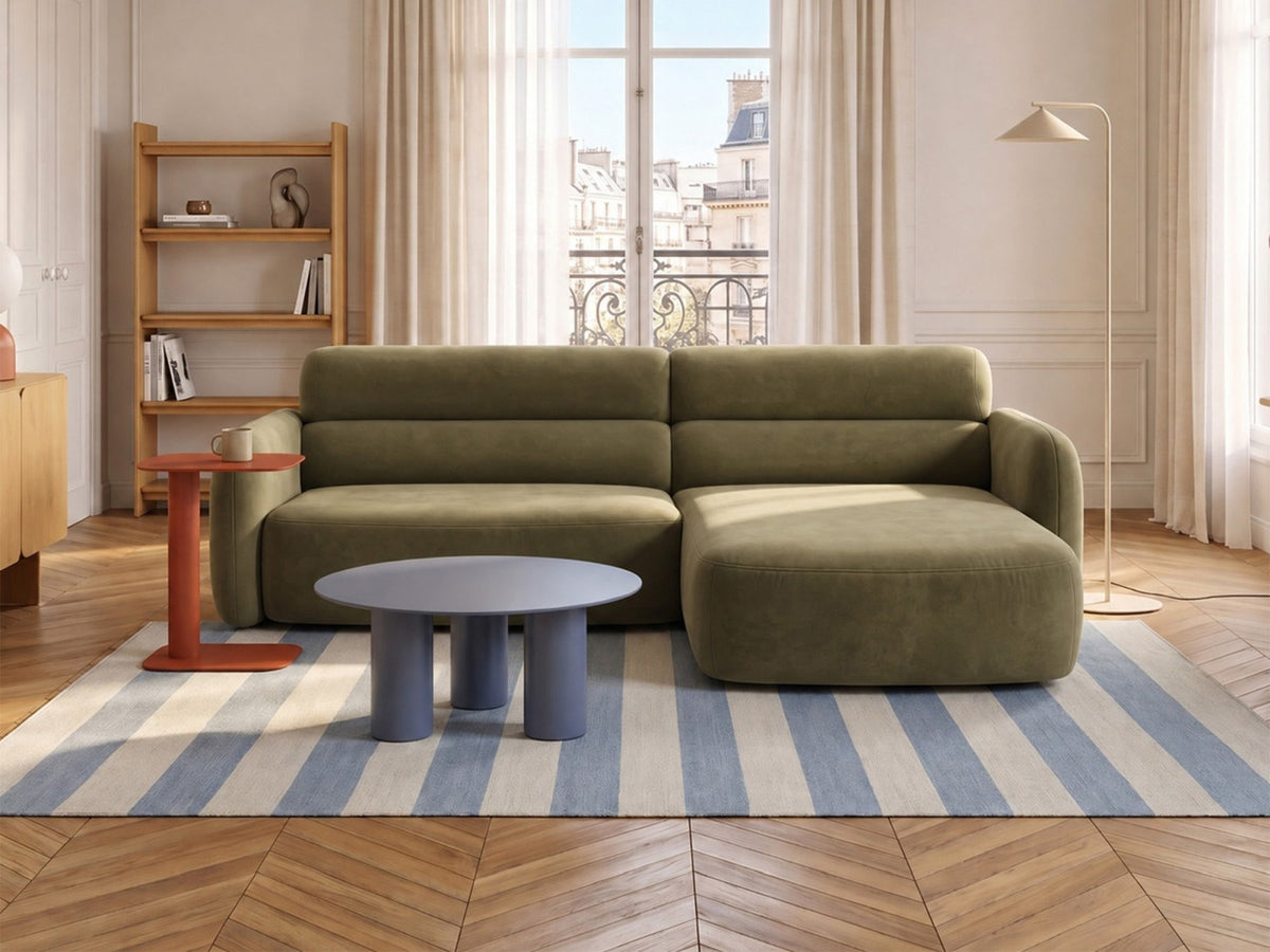 Ecksofa rechts Malmo in Beige mit Bluvel-Bezug, Récamiere rechts und schwarzen Beinen