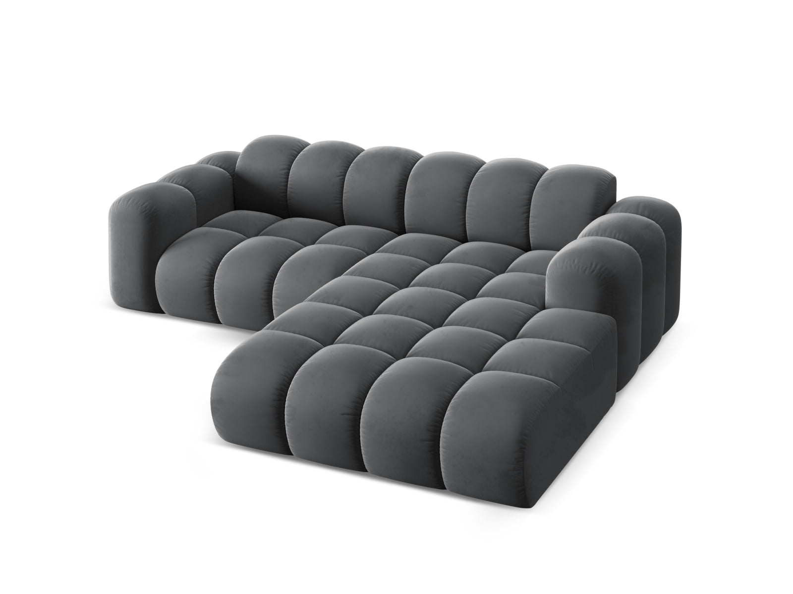 Elegantes 3-Sitzer Ecksofa Treno in Grey-Bluvel, ideal für moderne Wohnräume und entspannende Momente mit Freunden und Familie.