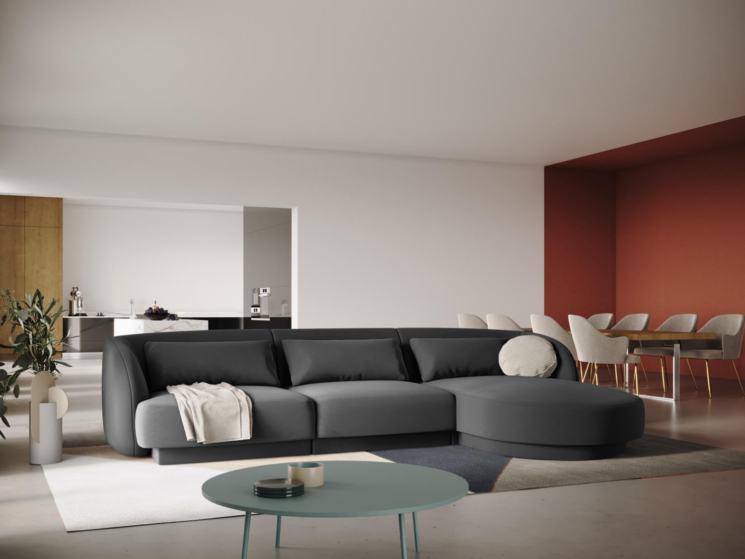 Tulum Velour Ecksofa rechts 4 Sitzer 156cm in Grey präsentiert im Onlineshop von KAQTU Design AG. Ecksofa rechts ist von Cosmopolitan Design