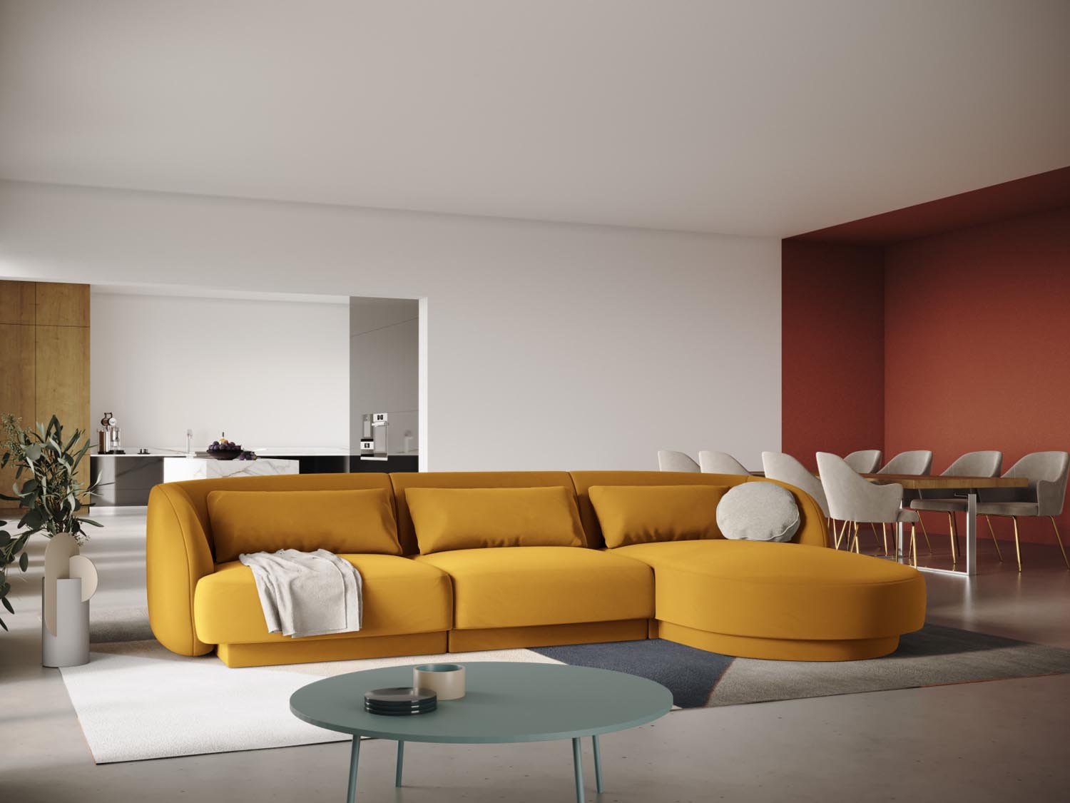 Tulum Velour Ecksofa rechts 4 Sitzer 156cm in Yellow präsentiert im Onlineshop von KAQTU Design AG. Ecksofa rechts ist von Cosmopolitan Design