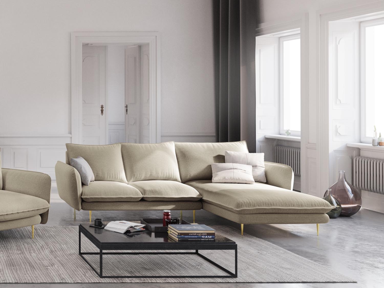 Elegantes Vienna Ecksofa in Beige/Gold-Positano, 5-Sitzer, ideal für stilvolle Wohnräume, präsentiert von Cosmopolitan Design.