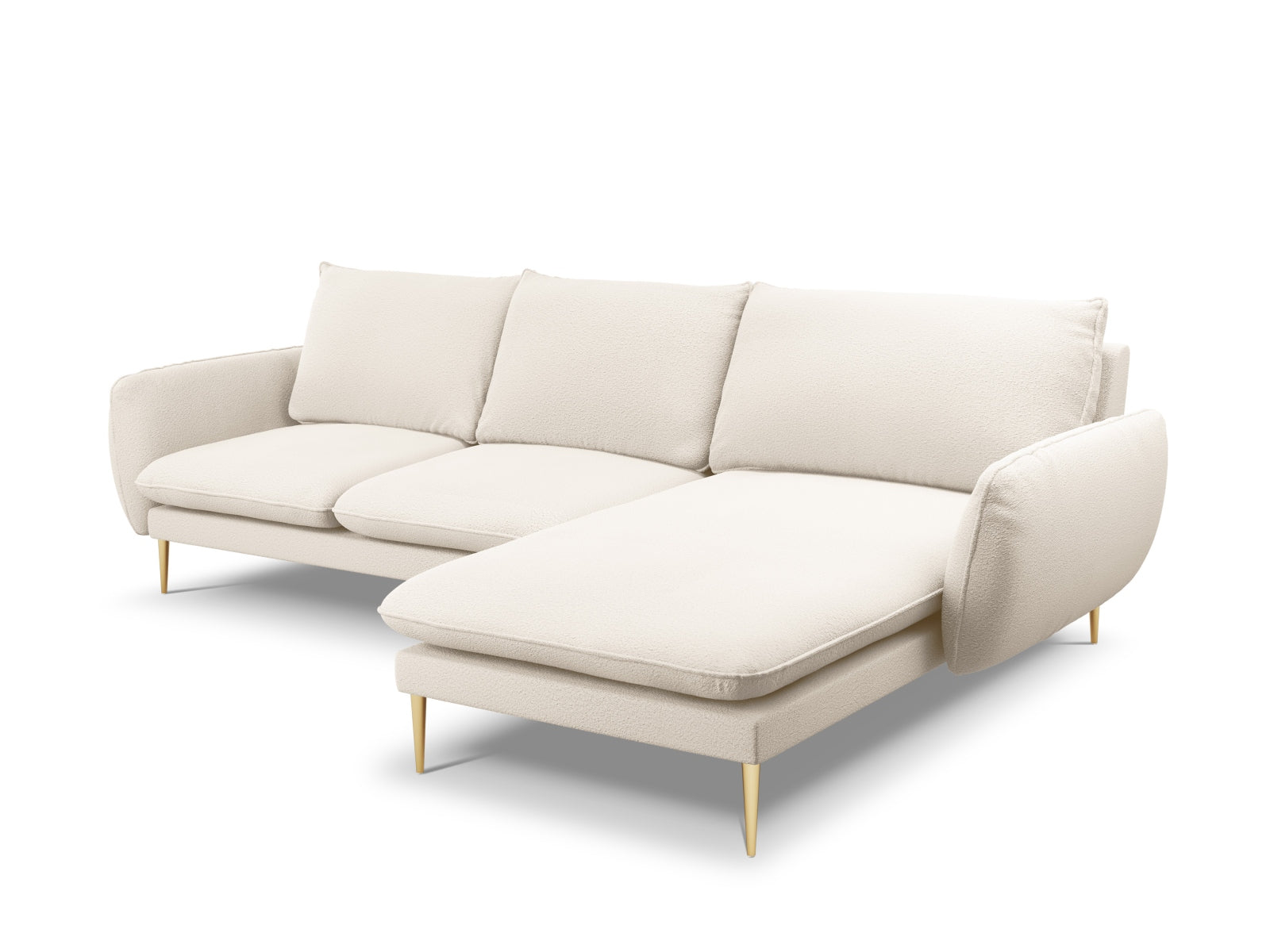 Elegantes Ecksofa in Boucle-Optik, 5-Sitzer mit goldenen Akzenten, rechte Seite, 170 cm, ideal für stilvolle Wohnräume.