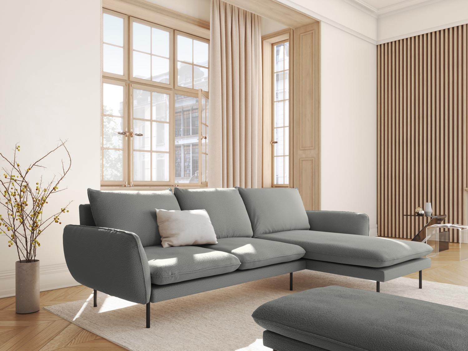 Elegantes Vienna Boucle Ecksofa in Grau/Schwarz, 5-Sitzer, 170 cm, ideal für stilvolle Wohnräume, präsentiert von Cosmopolitan Design.