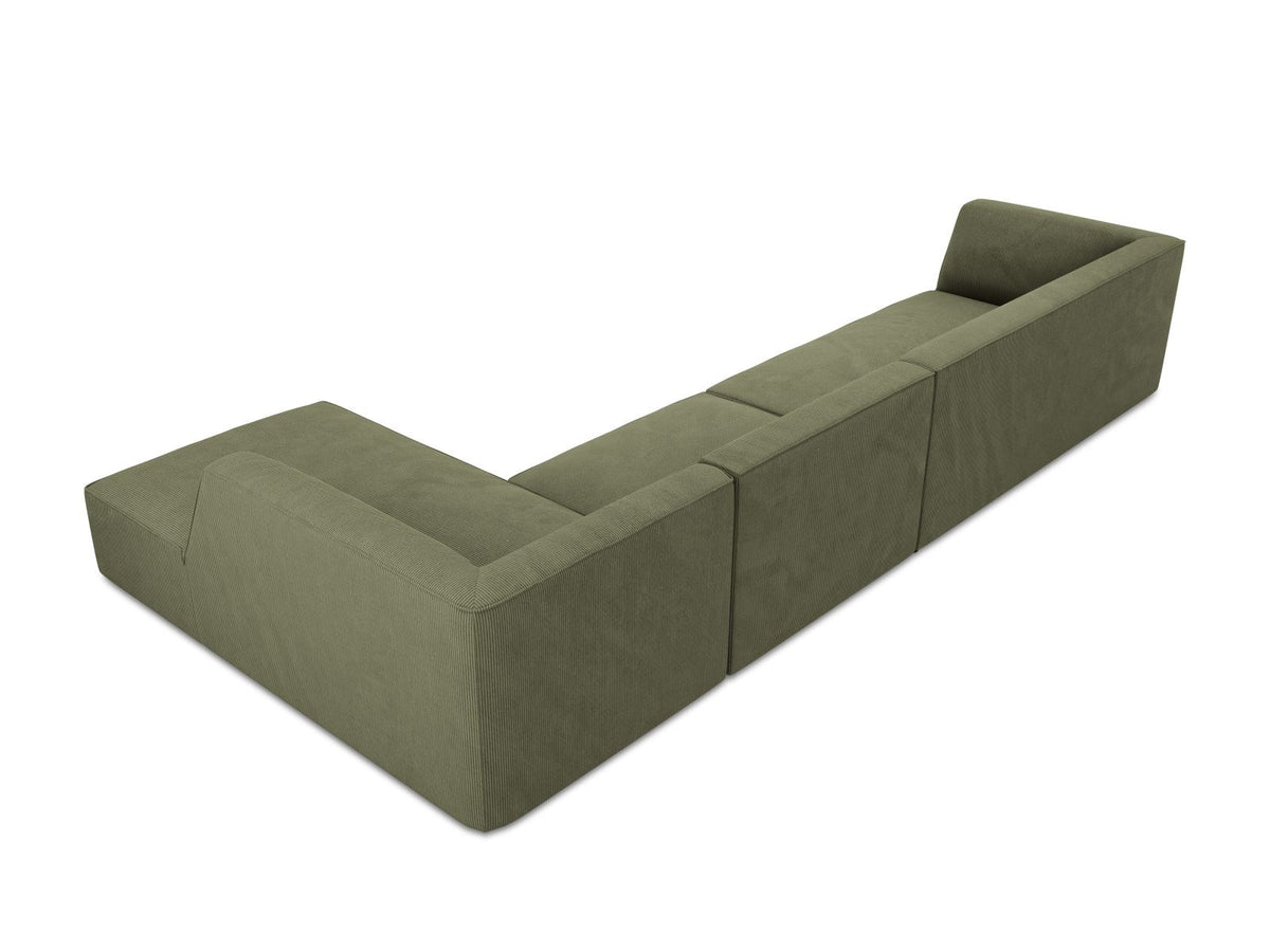 Modulares Ecksofa Siena in Light Beige-Scala mit Cordstoff-Bezug, schwarzen Kunststoffbeinen und Récamiere, 5-Sitzer Ausführung von Cosmopolitan Design.