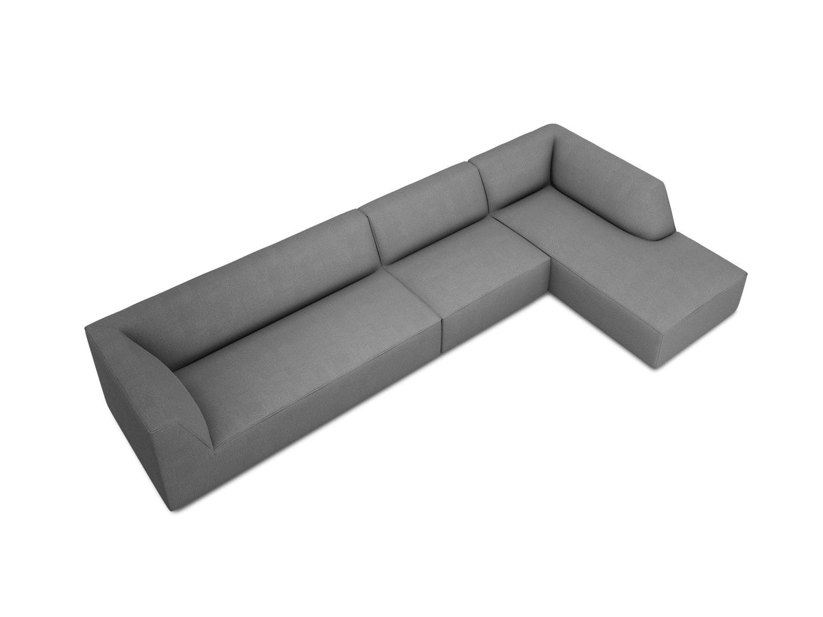 Modulares Ecksofa Siena in Light Beige-Scala mit Cordstoff-Bezug, schwarzen Kunststoffbeinen und Récamiere, 5-Sitzer Ausführung von Cosmopolitan Design.